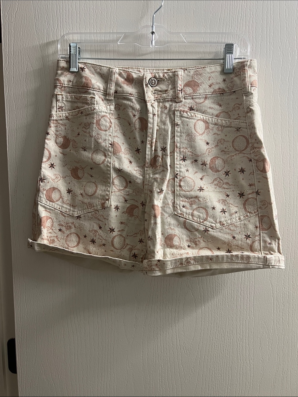Anthropologie Cream Jean Shorts with Rust Moon Print